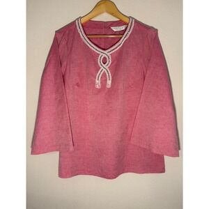 Trina Turk Pink Linen Beaded Womens Tunic Top Bell Sleeve R2101100 Sz L